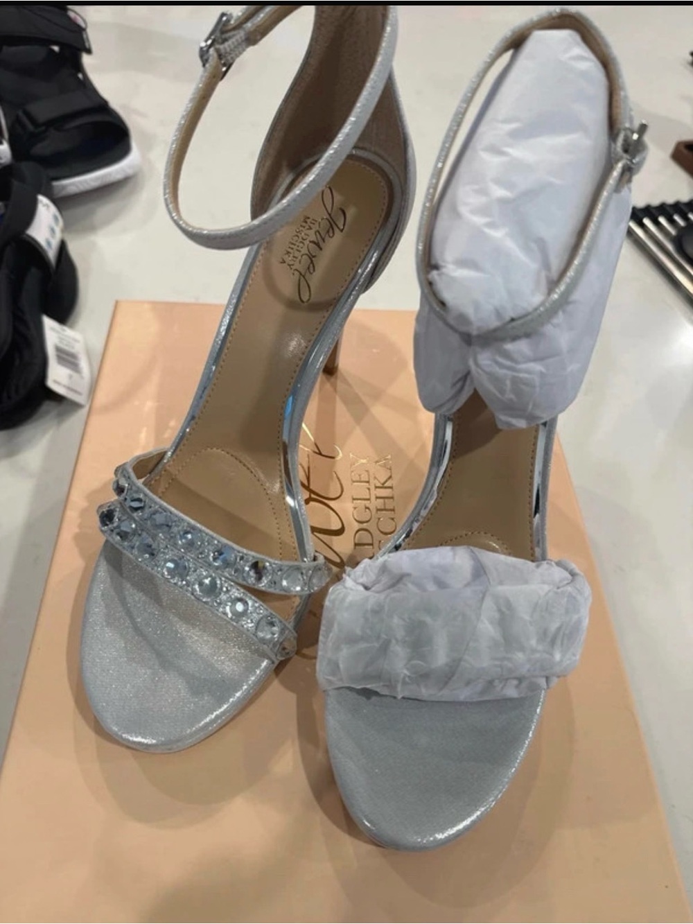 Badgley Mischka Silver Crystal-Strap Ankle-Heel Sandals
